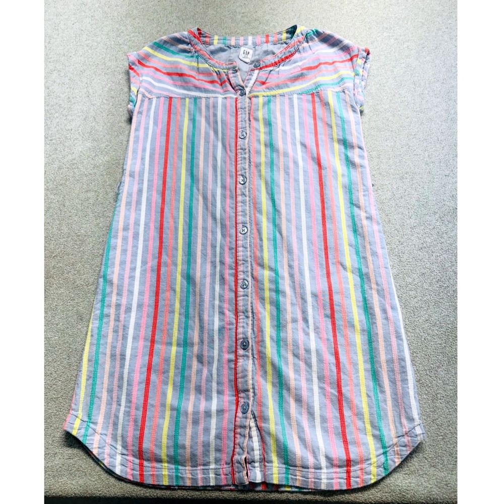 Gap Kids Shirt Dress Girls Size 8 Blue Rainbow Stripe Button Front Cap Sleeve